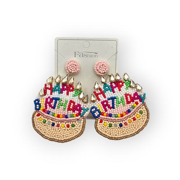 Colorful Beaded “Happy Birthday” Statement Earrings - Picture 3 of 5